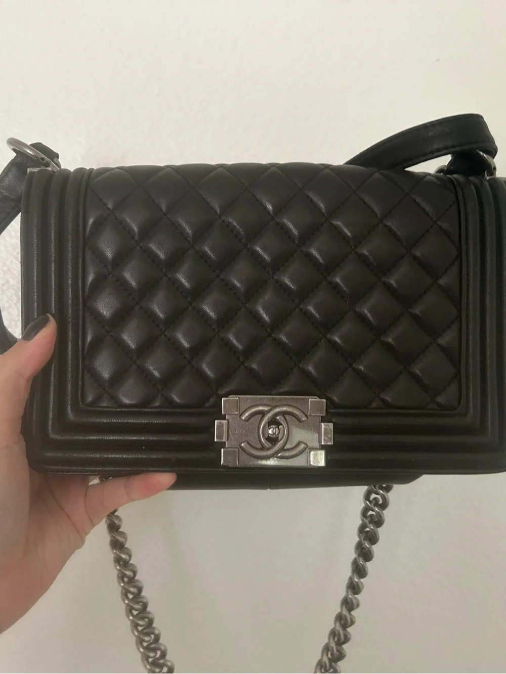 Black Quilted Boy Bag with Silver-Tone Hardware